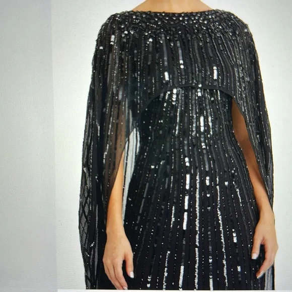 Mac Duggal BLACK Embellished Column Cape Gown - Picture 2 of 13